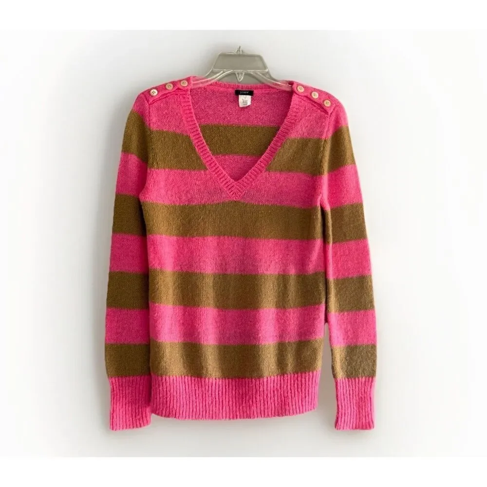J Crew Y2K Sweater V Neck Mohair Wool Blend Pink Stripe Button Preppy Academia S